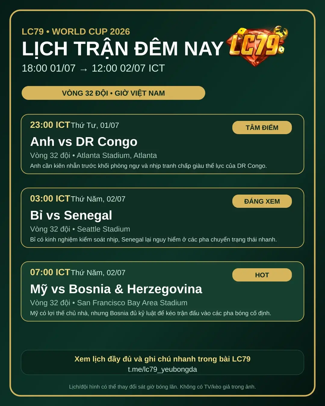Lịch World Cup 01-02/07 theo giờ Việt Nam - LC79
