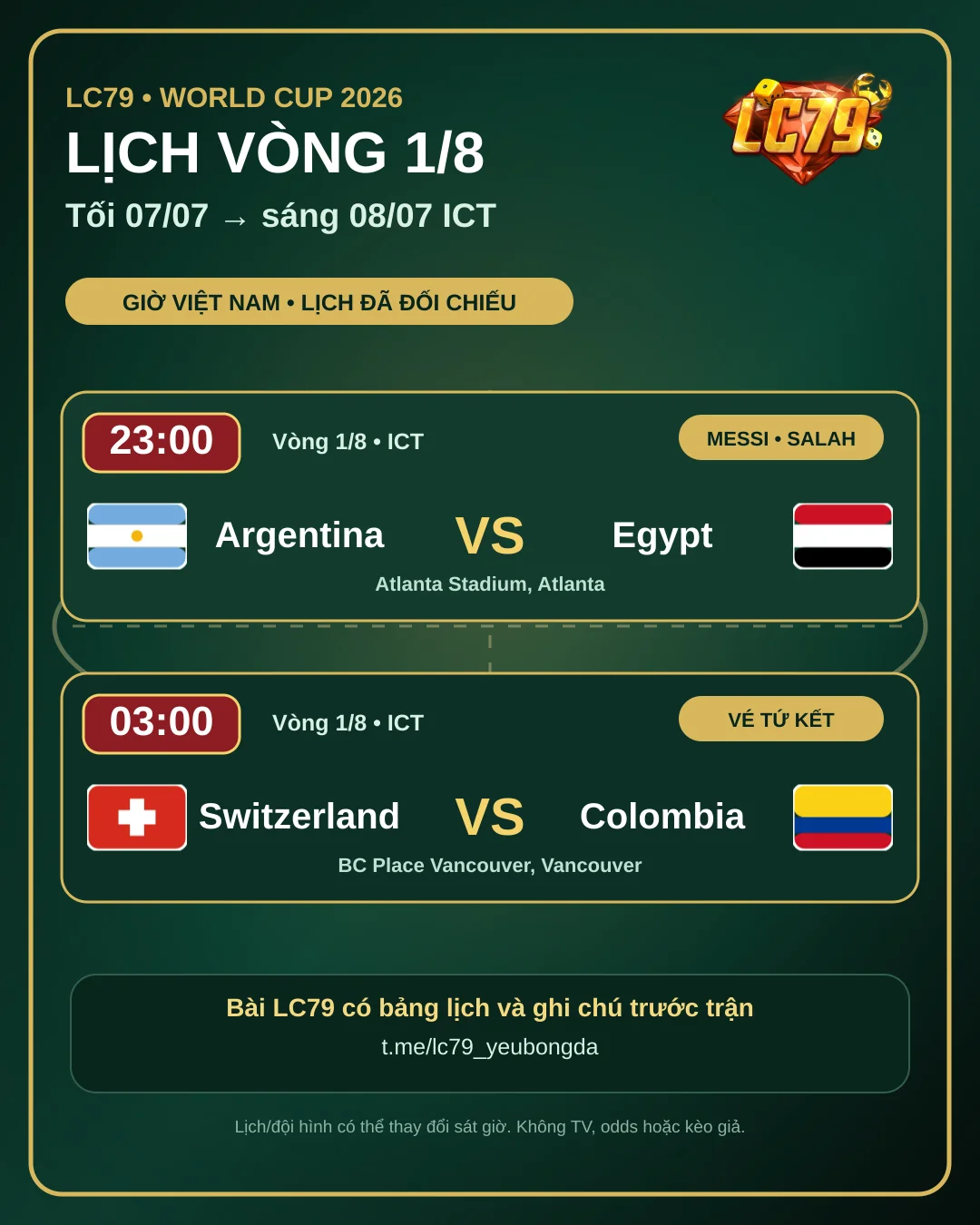 Lịch World Cup vòng 1/8 tối 07-08/07 theo giờ Việt Nam - LC79
