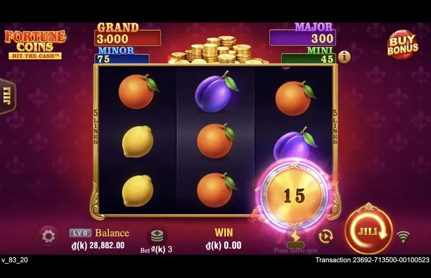 Ảnh màn hình gameplay game Fortune Coins (slot JILI) chơi tại LC79
