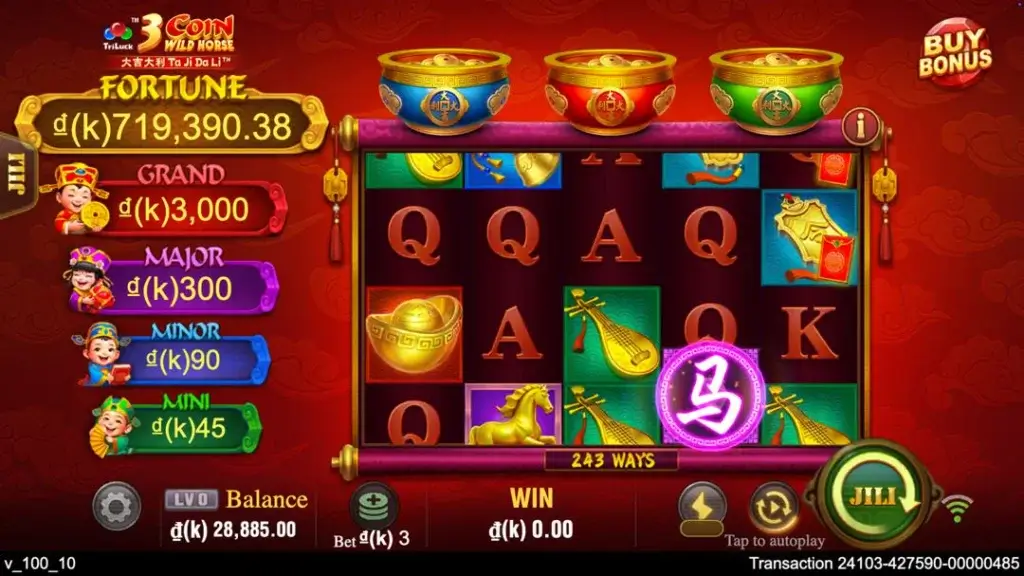 Ảnh giao diện chính game 3 Coin Wild Horse (slot JILI) chơi tại LC79