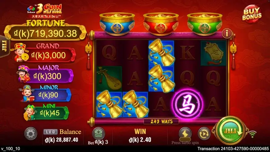 Ảnh màn hình gameplay game 3 Coin Wild Horse (slot JILI) chơi tại LC79