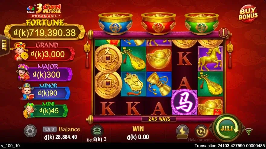 Ảnh bảng biểu tượng & tính năng game 3 Coin Wild Horse (slot JILI) chơi tại LC79